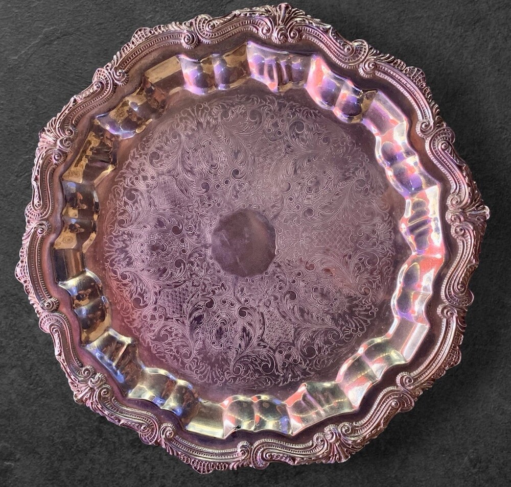Vintage Ornate Silverplate Round Serving Tray, Scalloped Rim, Floral Pattern